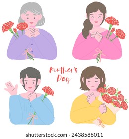 Mother's Day, smiling women of various ages and carnations, cute hand-drawn illustration set