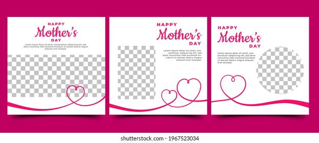 Mothers Day Social Media Post Template Design Set. Modern Banner With Heart Decorations And Place For Photos.