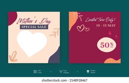 Mother's Day social media post template. Usable for social media posts, banners, cards, and the web. Good template for online advertising template.