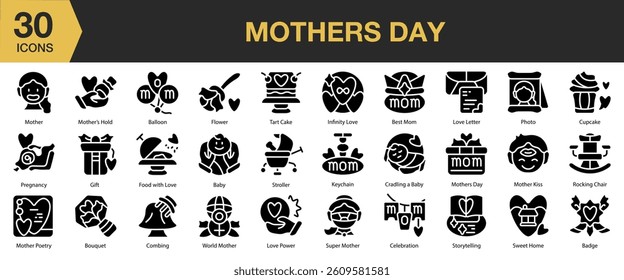 Mothers Day solid icon set. Includes love, mother, holiday, happy, day, greeting, and More. Solid icons vector collection.
