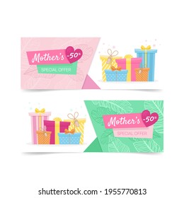 Mother's day special offer banner. Sale web banner for mother's day. Banner with set of gifts. Vector illustration 