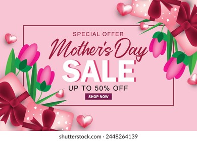 Mother's Day Special Offer banner with realistic tulips, hearts, and gift box on pink background