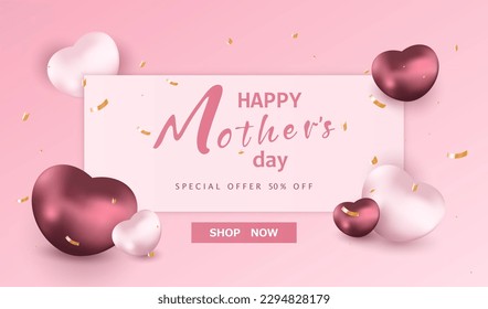 Mothers day special offer sale background layout with metallic red heart balloons for banners,flyers, invitation, posters, card, voucher discount.Vector illustration template.