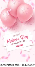 Mother's Day Special Offer Vertical Banner. 50 Percent Off Sale Poster Design With White Sheets, Pink Air Balloons, Falling Foil Confetti On Rosy Background. Mothers Day Template. Vector Illustration