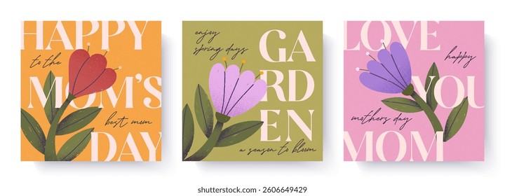 Mothers Day and spring greeting card templates.Trendy designs with bold typography and hand drawn blooming flowers.Seasonal illustrations for spring holiday decor; prints; invitations; offers; covers