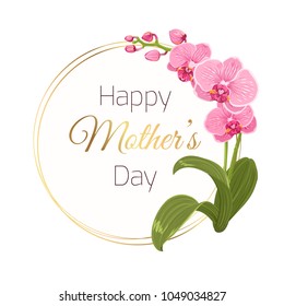 Mothers Day spring holiday floral card poster template. Circle rings wreath frame decorated with orchid phalaenopsis pink flower branch inflorescence. Golden gradient headline text placeholder.