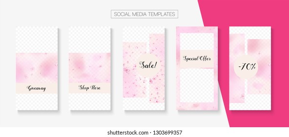 Mothers Day Spring Sale Vector Stories Layout. Special Offer New Arrivals, Discount Covers Set. Pink Cherry Petals Falling Confetti. Stories Social Media Templates. Mothers Day Big Spring Sale
