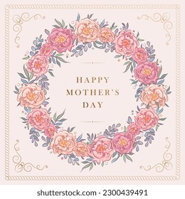 Mother's day square banner or greeting card design template with hand drawn flowers and golden frame on pink background. Vector illustration