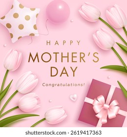 Mother's day square poster, banner, greeting card design template with realistic 3d tulips, gift box and helium balloons on pink background. Mother day social media post. Vector illustration