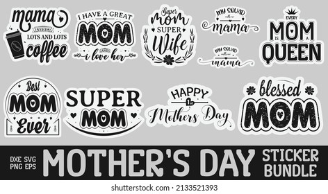 Mother's Day Sticker Bundle, Set of Calligraphy Mom quotes for mothers day, Mom Isolated hand drawntypography illustration design for greeting invitation print label poster vector
