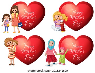 Mother's day sticker design with mothers and kids illustration