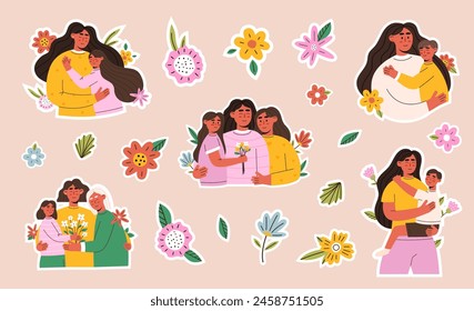 Mothers day sticker set. Mom hug daughter. Three generations celebrating happy mothers day. Mom hold sun. Flat vector isolated illustrations.