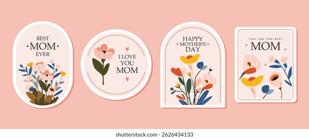 Mother's day stickers, flowers cartoon design, pink background