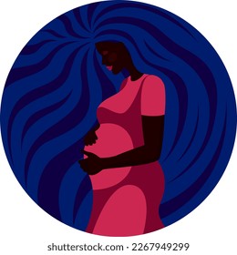 Mothers Day. Stylized pregnant African American girl in a dress drawn in a circle. Young beautiful pregnant woman with long blue hair hugs her belly