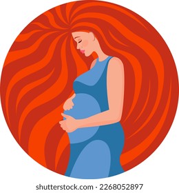 Mothers Day. Stylized pregnant girl in a dress drawn in a circle. Young beautiful pregnant woman with long red hair hugs her belly