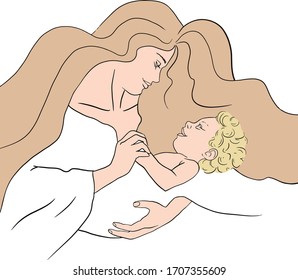 Mothers Day. Super mom. Christian mother. 
Mom holds the baby in her arms watercolor illustration on a white background, for cards, posters, stickers and professional design
