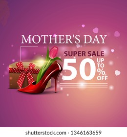 Mother's day super sale, pink discount modern banner with women's Shoe with tulips inside