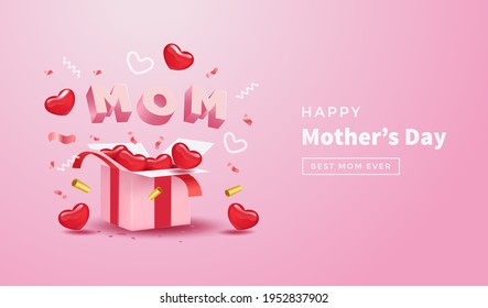 Mother's day with surprise gift box , realistic red heart, confetti and cute 3d mom letter on pink background