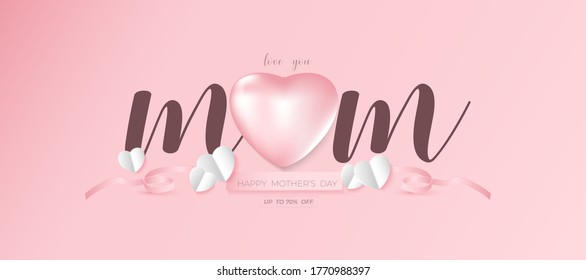 Mother's day Tag banner Paper heart on Pink Sweet  wallpaper background use for promotion on love celebration 