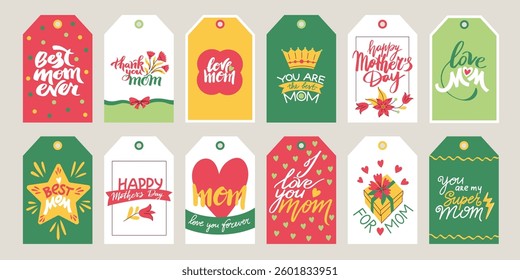 Mothers Day tag. Cute gift card stickers with floral elements and modern lettering, cartoon doodle labels for mom holiday greeting design. Vector isolated set.