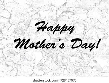 Mothers day template on seamless floral pattern with roses on white. Mother day greeting card. - vector illustration