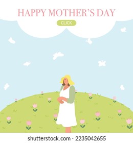 Mother's day template with pregnant woman, pink flowers, green hill and grass, white cloud, butterflies and word "HAPPY MOTHER'S DAY". Hand drawn flat vector illustration isolate on color background. 