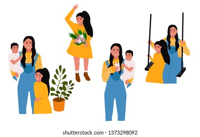 Mother's day template set, vector illustration in flat style. Mom with her baby.