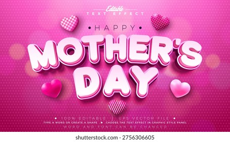 Mother's Day Text Effect Design Editable Vector Graphic Style with Hearth and 3d Typography Lettering on Pink Background. Love Best Mom Theme Scalable Illustration Template for Greeting Card, Flyer, Banner, Celebration Poster or Party Invitation