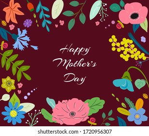 Texto del día de la madre en el marco de la ilustración vectorial de flores de color primavera. Feliz día de la madre tarjeta de saludo, plantilla, patrón, invitación en estilo doodle