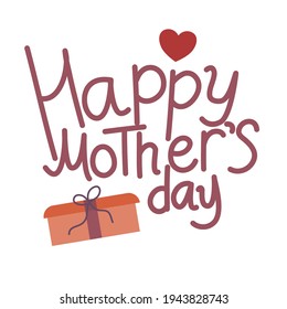Mothers Day text greeting card. Greeting card template with heart, gift and happy mothers Day inscription Vector illustration in flat linear style, isolated on a white background.