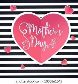 Mother's Day text in pink heart shape, black and white stripes background.