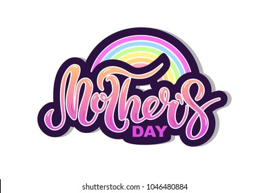 Mother's Day text with rainbow isolated on background. Hand drawn lettering as Mother's day logo, badge, icon. Template for Happy Mother's day, invitation, greeting card, web, postcard. Vector.