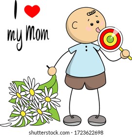 Mother's Day Theme. Cute happy little boy wants to give mom a bouquet of flowers, but he is distracted by sweets. I love my mom. Isolated vector illustration on white background

