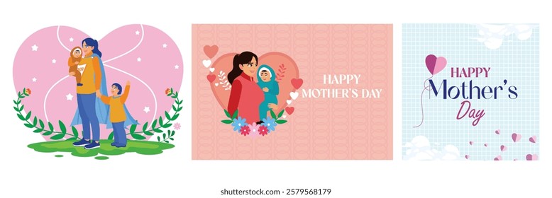 The Mother's Day theme displays love, warmth and family togetherness. Mothers care for their children with great affection. Mother's Day concept. Set flat vector illustration.