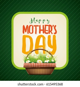 Mother's Day themed design template.Vector illustration of realistic wicker basket. grass and daisy flowers in wicker basket. Elements are layered separately in vector file.