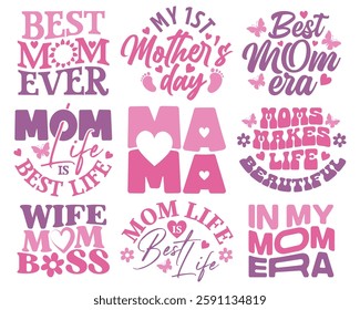 Mother's Day T-Shirt Bundle. Mom quote typography design decorated with hearts, butterfly and flowers vector illustration. Perfect for Mother's Day gift, stickers, labels, tags, banner, card