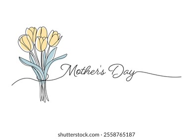 Mother's Day, tulip flowers. colored, Line drawing, one solid line and text. for bouquet greeting card design, flowers