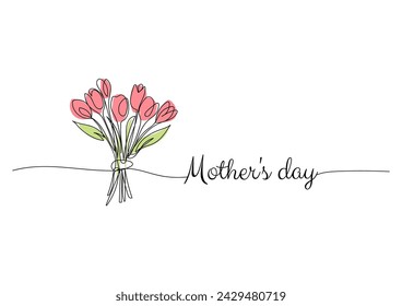 Mothers day, tulip line art drawing, one continuous line drawing. for postcard design.