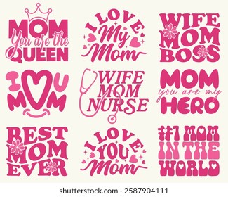 Mother's Day typography design bundle. Perfect for T-shirts, greeting cards, posters, and stickers. Mom lover quotes, Wife mom boss, I love mom, best mom ever. Hand lettering mother gifts. Vector art