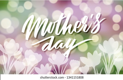 Mothers day typography on bokeh background with crocus flowers vector illustration. Hand-lettering in purple and green colors.
