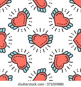 Mother's day, Valentines day, 8 march, women's day, love heart line icon seamless pattern background. Gift wrapping. Minimal outline heart wallpaper texture. Love concept. Modern stroke vector art