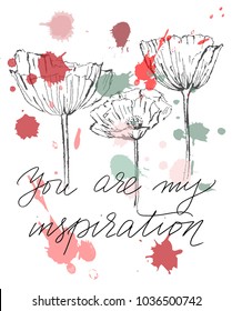 Mothers day valentines day phrase greeting card flowers. Love quote calligraphy text. Handwritten black text isolated on white background, vector. Each word is on the separate layer