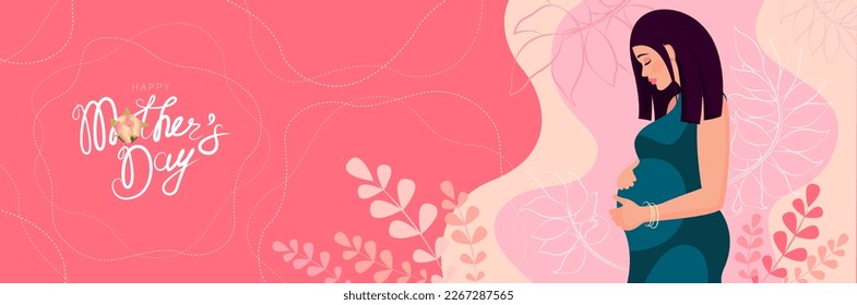 Mothers Day. Vector banner with a pregnant woman, floral decor and congratulatory text. Beautiful young woman hugging her belly