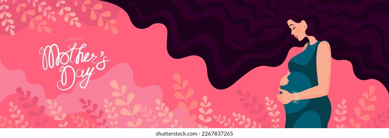 Mothers Day. Vector banner with a pregnant woman, floral decor and congratulatory text. A beautiful young woman with long hair hugs her belly.