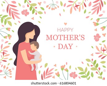 Mother's Day, vector card, baby, flowers, family