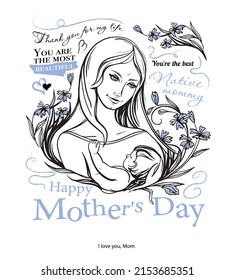 
Mother's day vector card. Happy mother with a baby in her arms. Declaration of love to mother. Delicate blue flowers. Lettering.