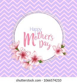 Mother's Day vector card. Japanese cherry blossom pink sakura flowers border. Sophisticated greeting card with apricot branch tree flowers bloom. Moms Day holiday banner.