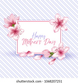 Mother's Day vector card. Japanese cherry blossom pink sakura flowers border. Beautiful greeting card with sakura branch tree flowers bloom. Moms Day holiday banner.
