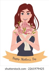 mother's day vector card. Young woman with a bouquet of flowers