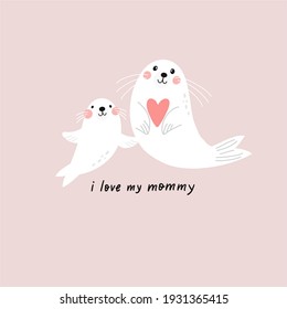 Mother's Day vector cards. Cute Seal mom and baby.